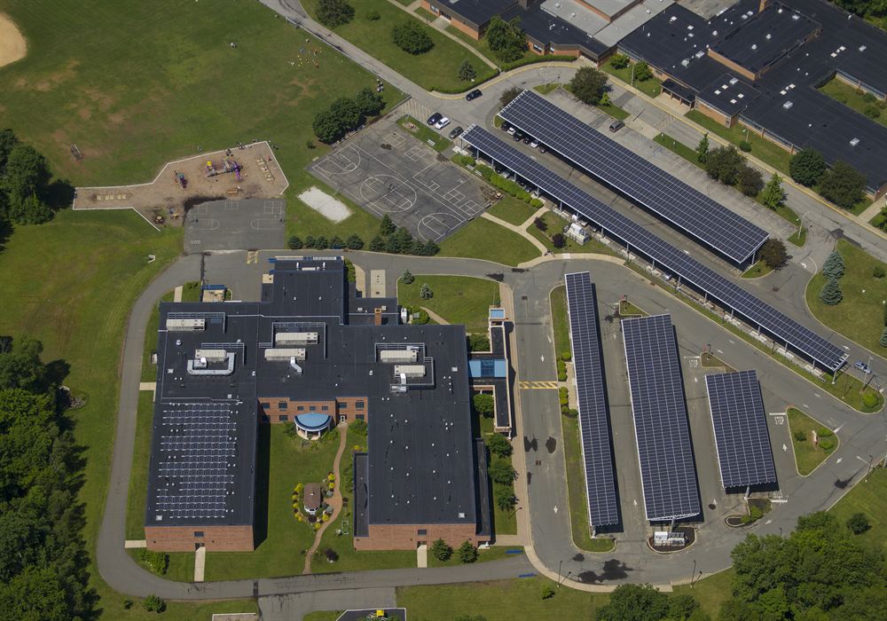 Aerial view of the Byram Lakes school campus solar installation